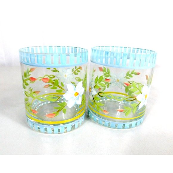 Hand Painted Capriware Glasses Set 2 Floral Pattern Flowers Barware Drinkware - Picture 7 of 10